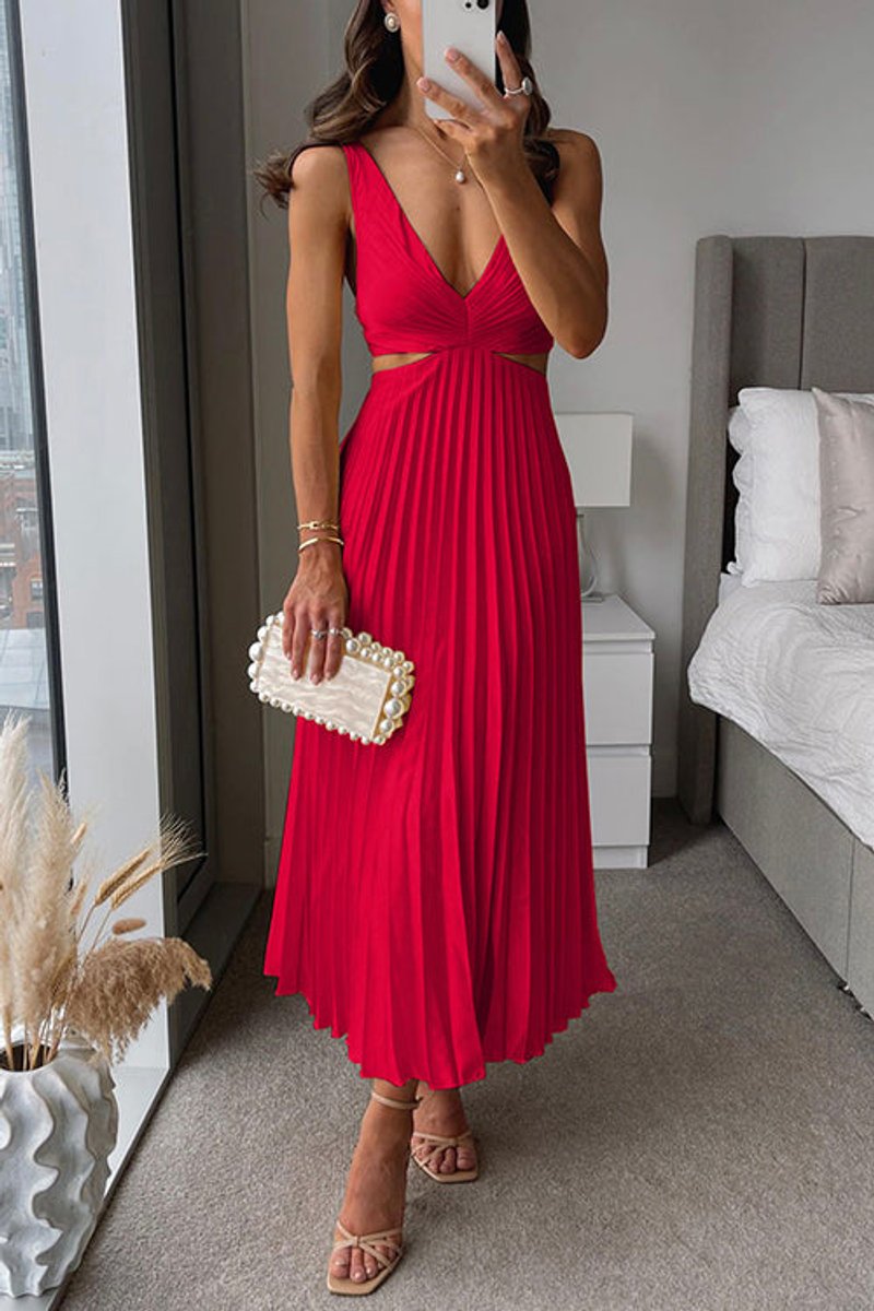 Women's Pleated V-Neck Maxi Dress