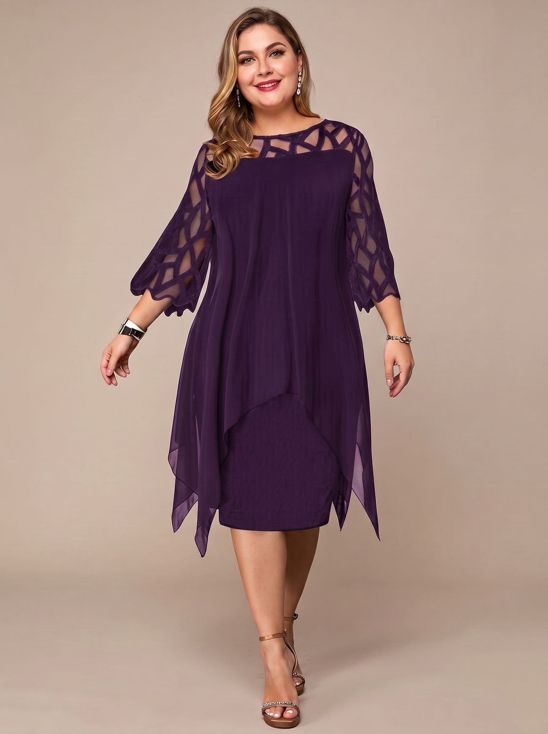 Women's Plus Size Chiffon Lace-Yoke Midi Dress