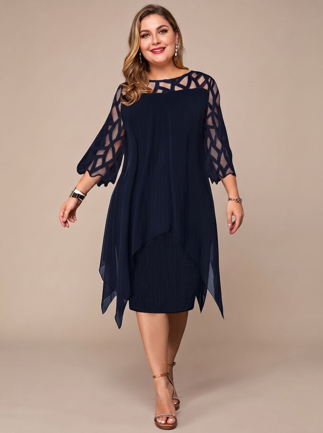 Women's Plus Size Chiffon Lace-Yoke Midi Dress
