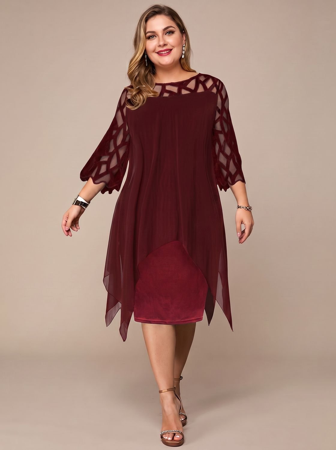 Women's Plus Size Chiffon Lace-Yoke Midi Dress