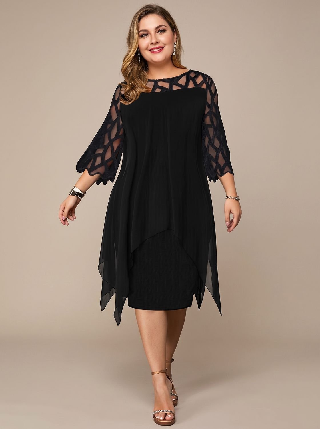 Women's Plus Size Chiffon Lace-Yoke Midi Dress