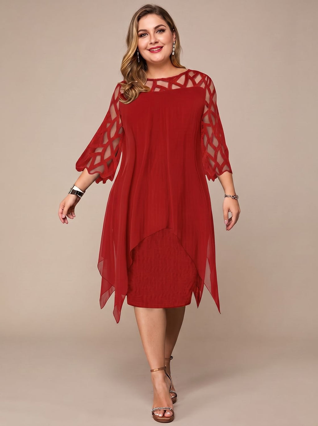 Women's Plus Size Chiffon Lace-Yoke Midi Dress