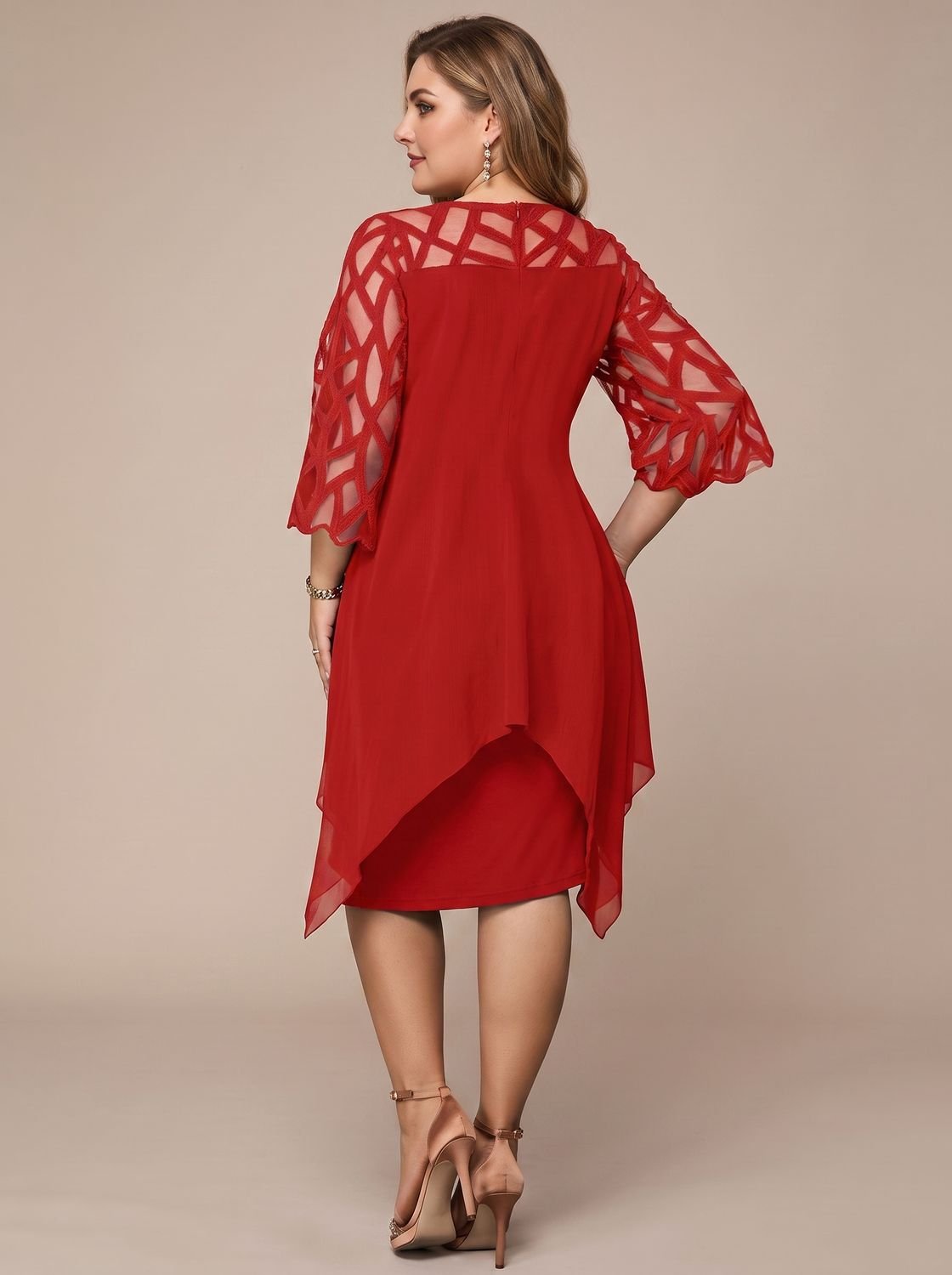 Women's Plus Size Chiffon Lace-Yoke Midi Dress
