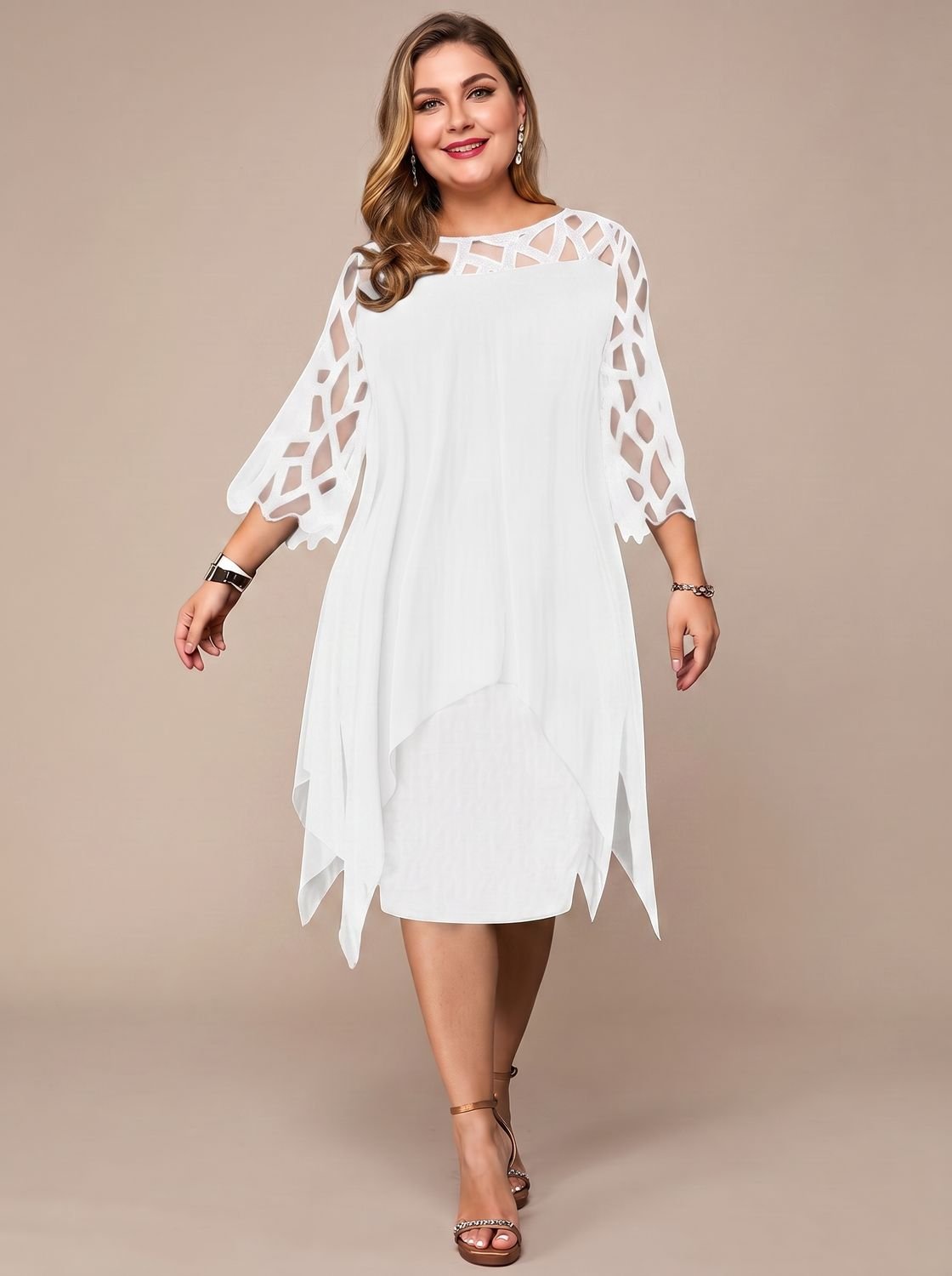 Women's Plus Size Chiffon Lace-Yoke Midi Dress