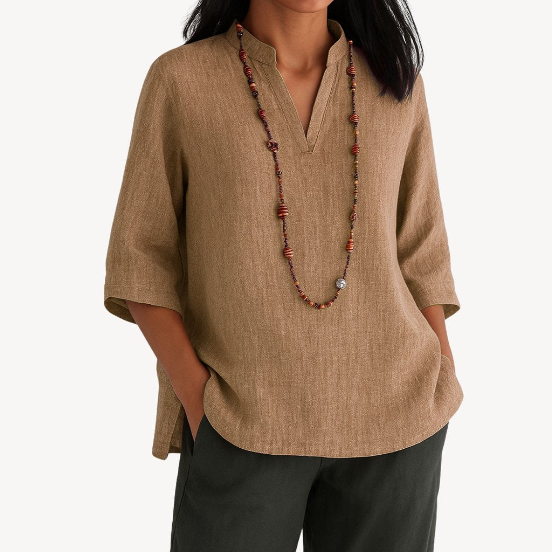 Women's V-Neck Linen Tunic Blouse