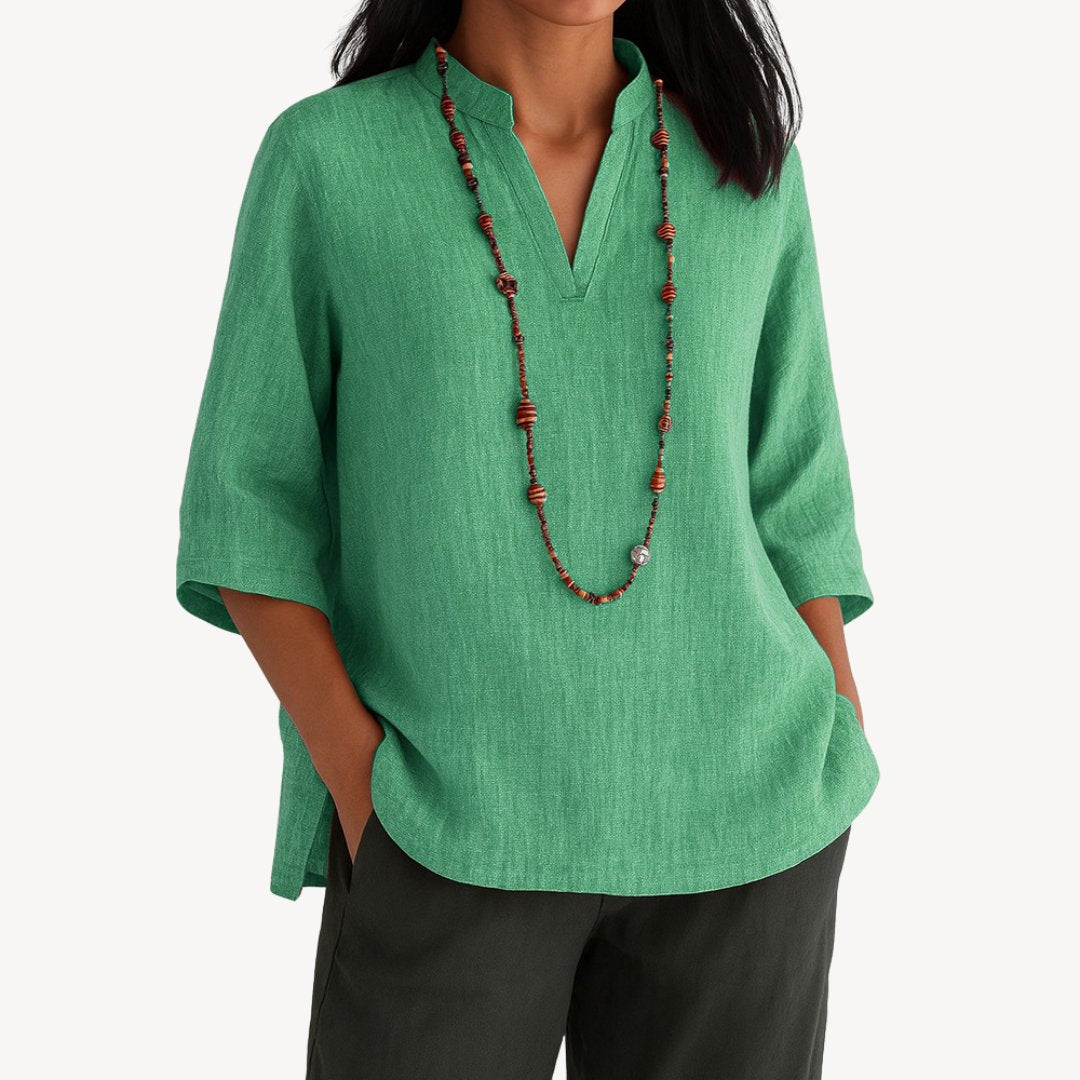 Women's V-Neck Linen Tunic Blouse