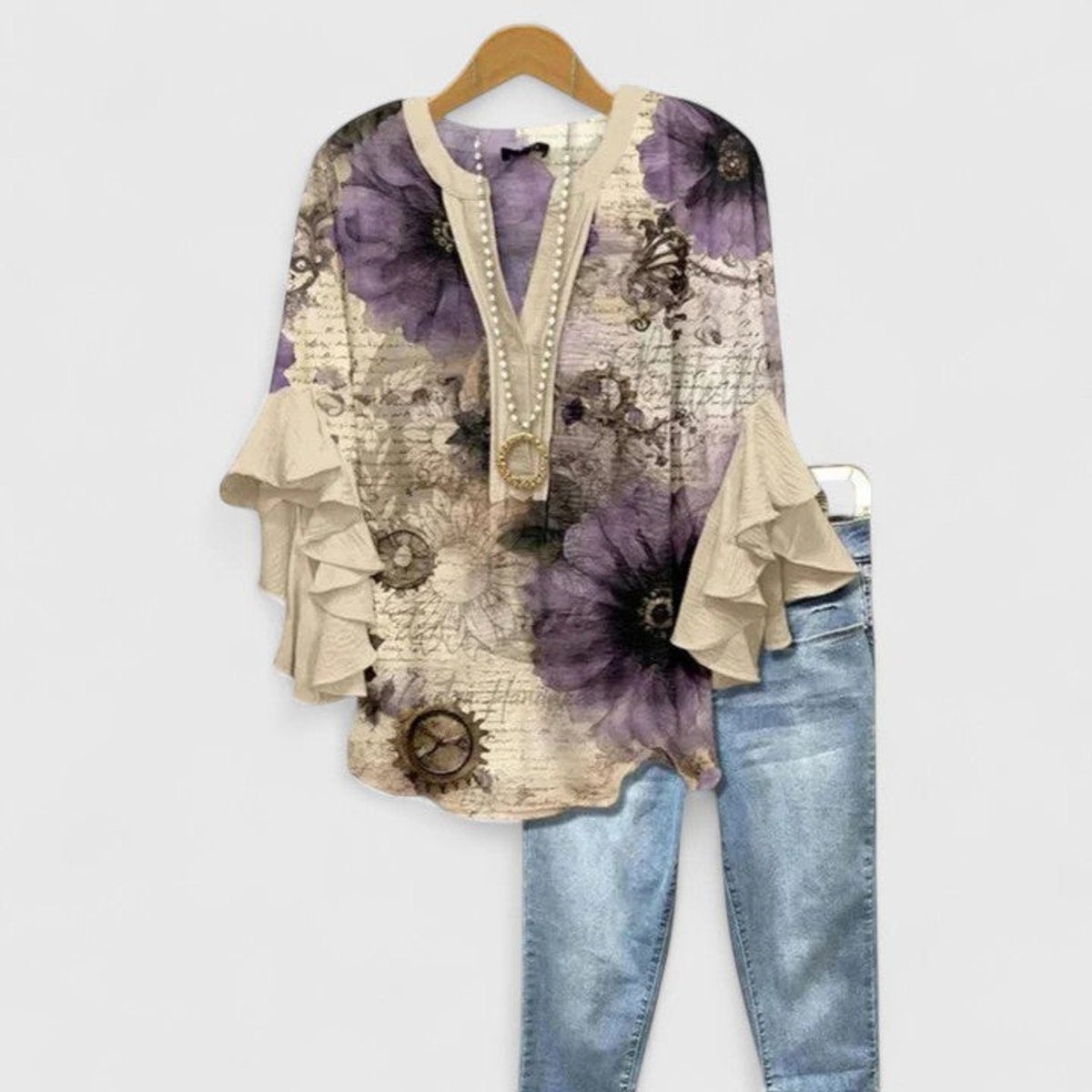 Women's Floral Ruffle-Sleeve Blouse