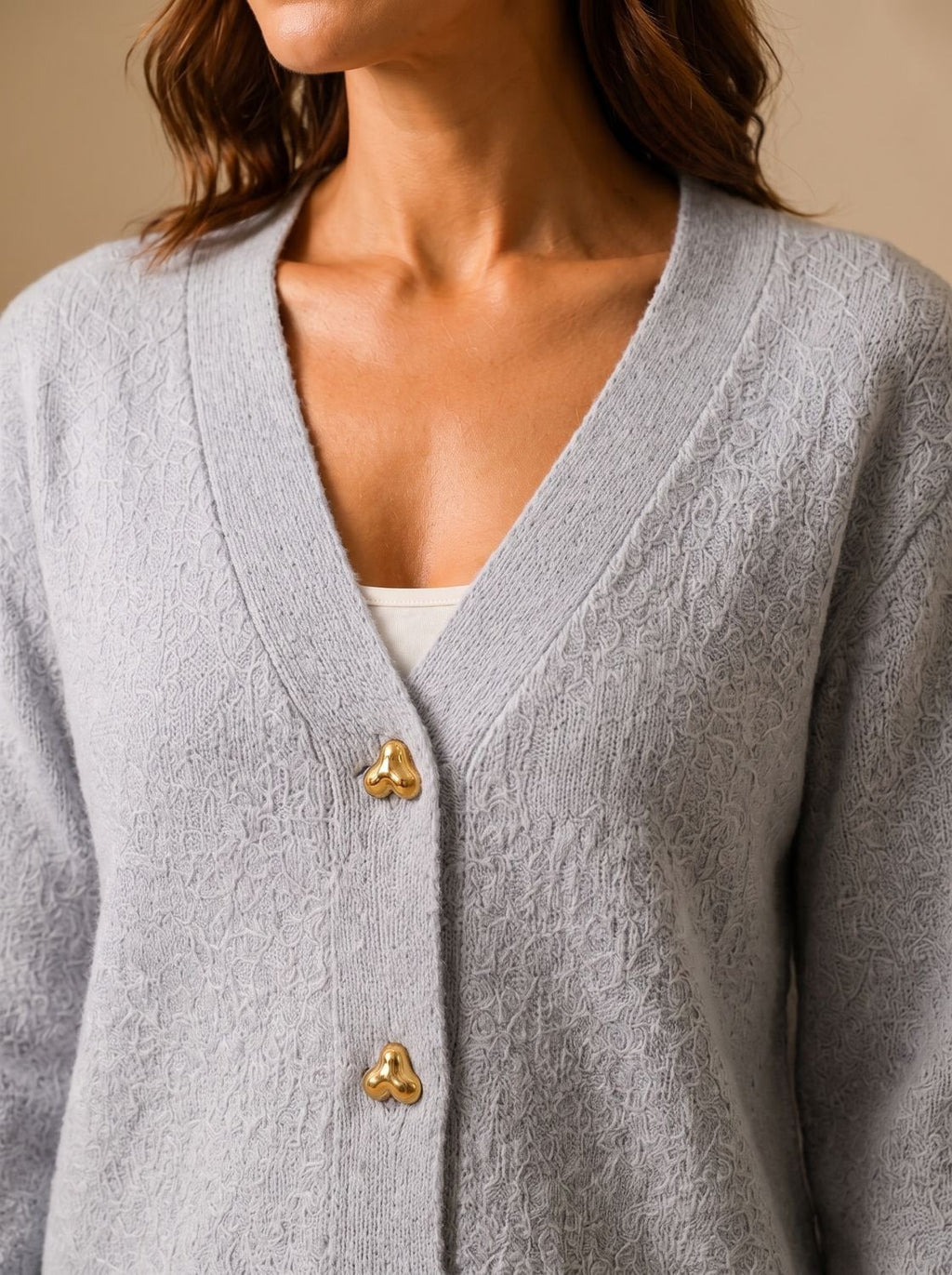 Women's V-Neck Heart-Button Cardigan