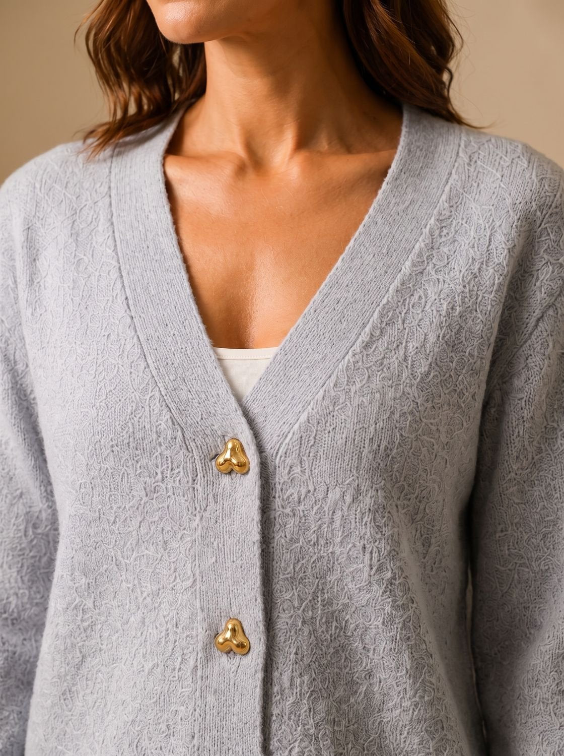 Women's V-Neck Heart-Button Cardigan