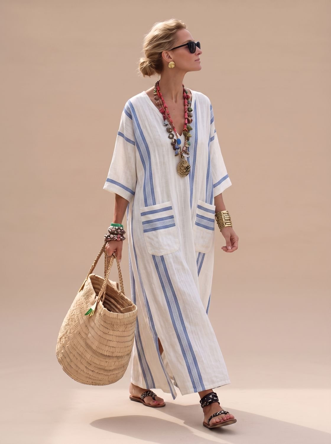 Women's Striped V-Neck Maxi Dress