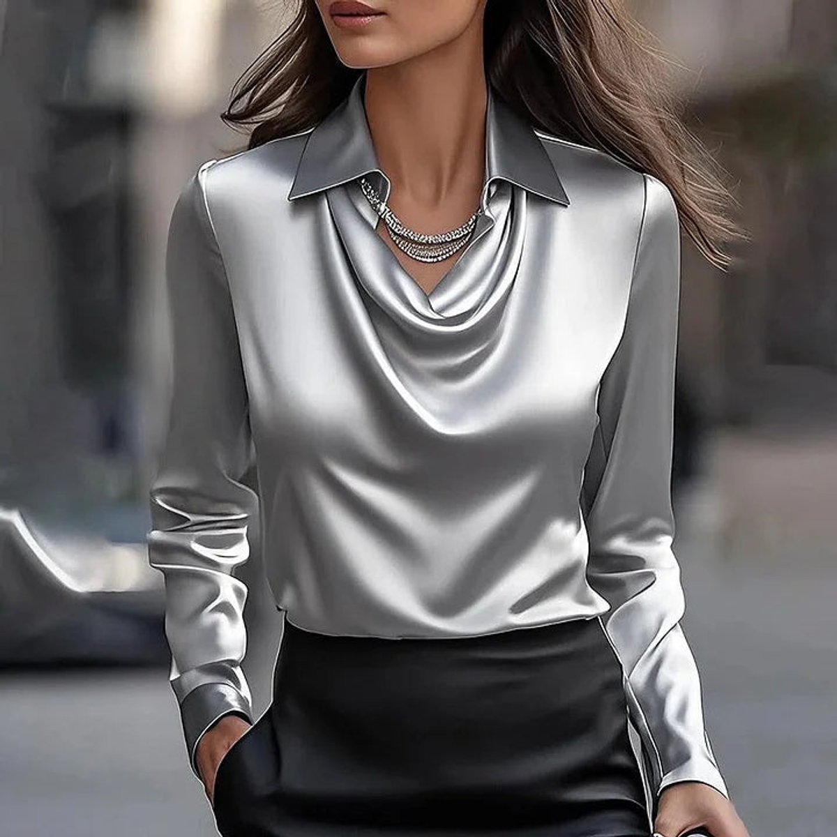 Women's Collared Satin Cowl Top