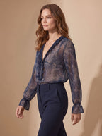 Women's Chiffon Ruffle Zip Blouse