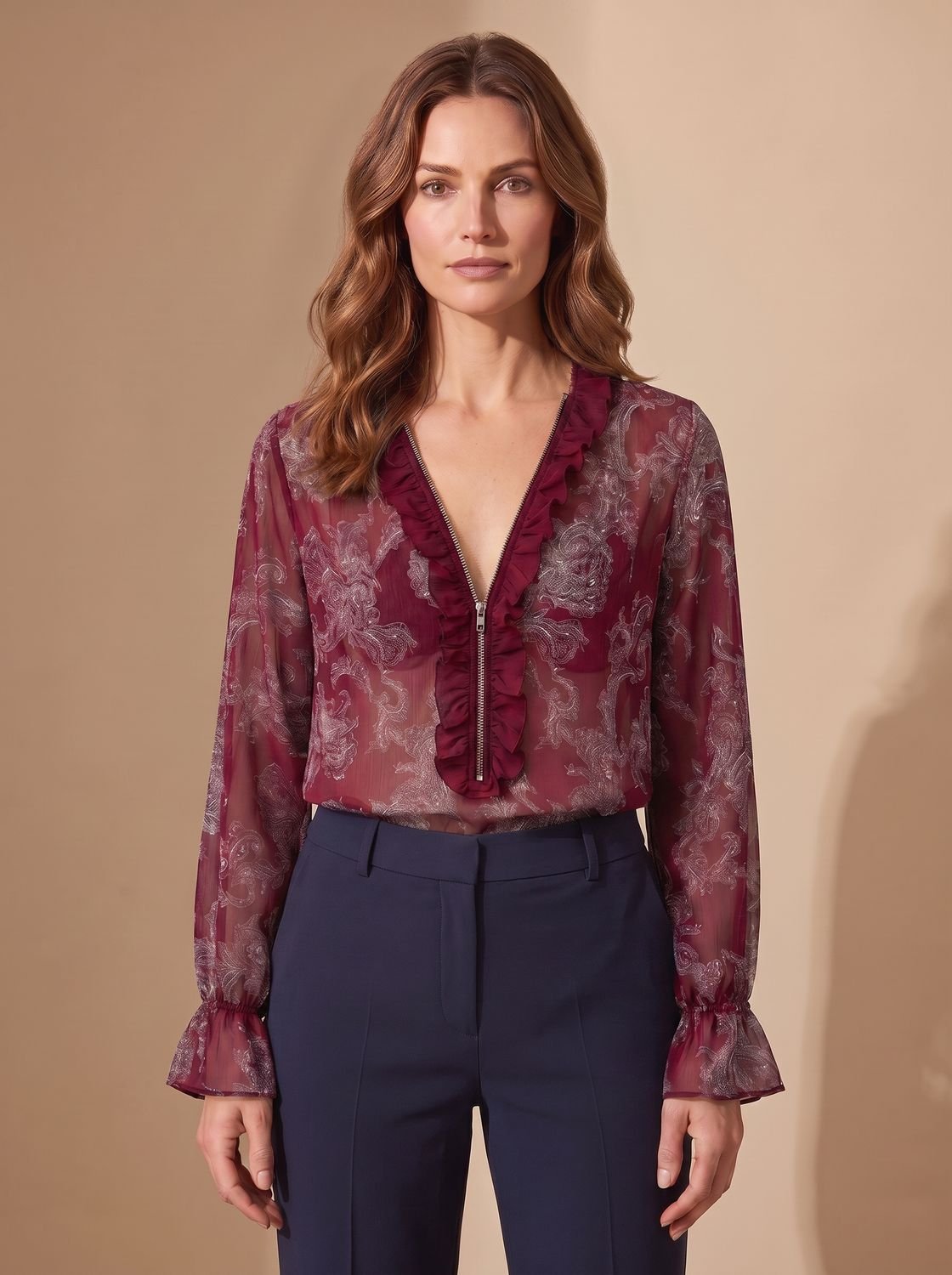 Women's Chiffon Ruffle Zip Blouse