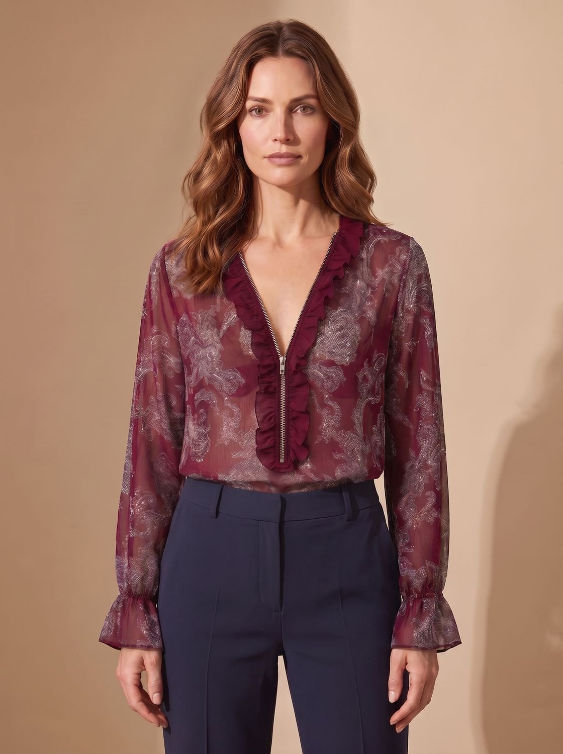 Women's Chiffon Ruffle Zip Blouse