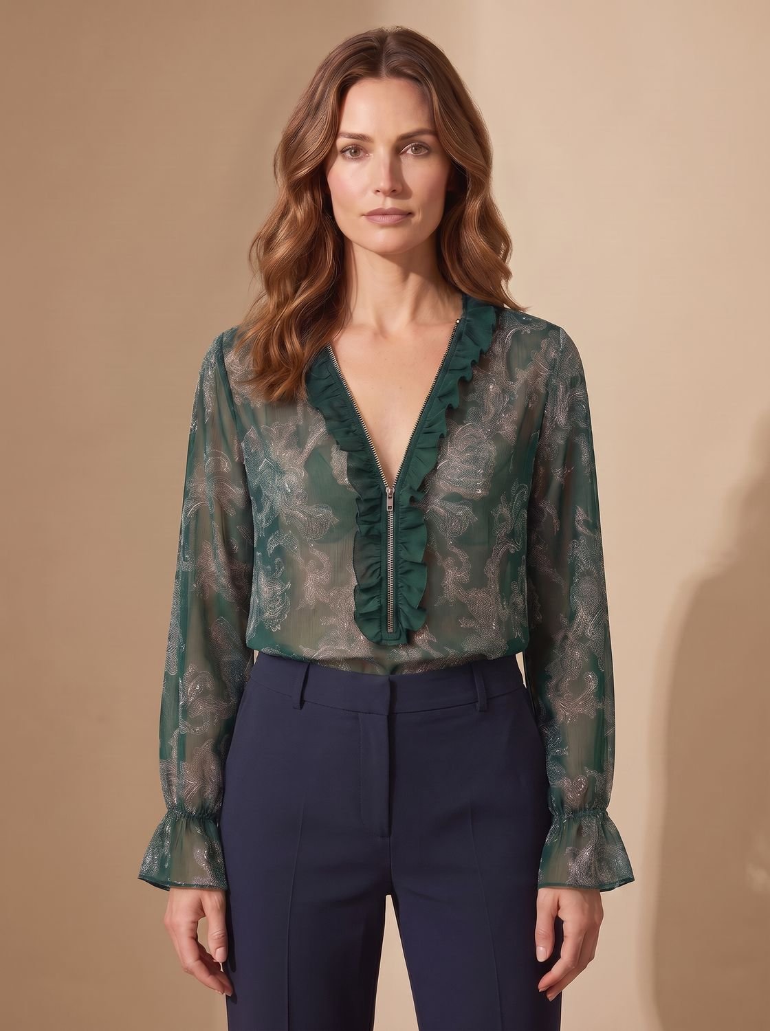 Women's Chiffon Ruffle Zip Blouse