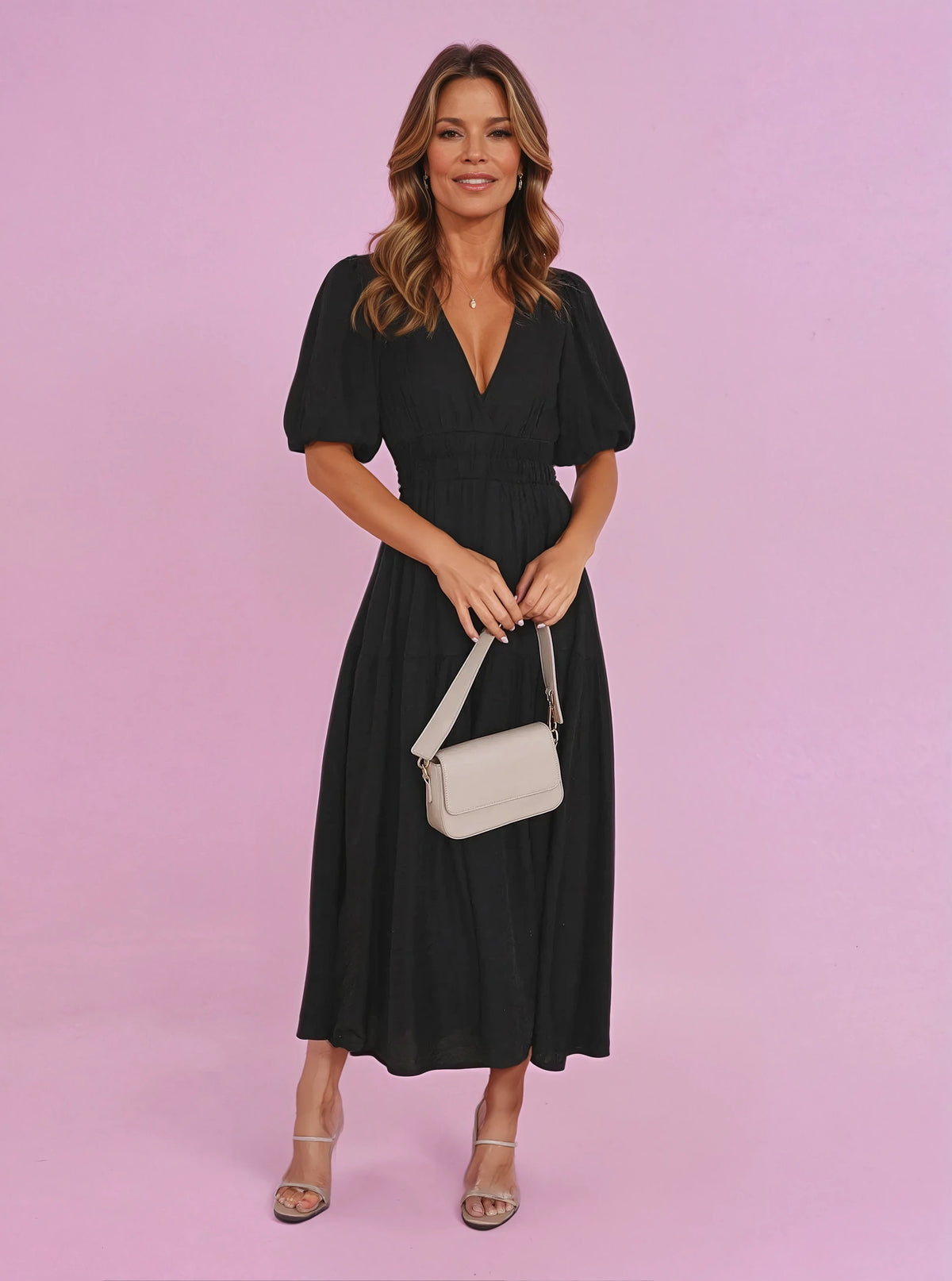 Women's Smocked-Waist V-Neck Midi Dress