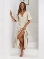 Women's Smocked-Waist V-Neck Midi Dress