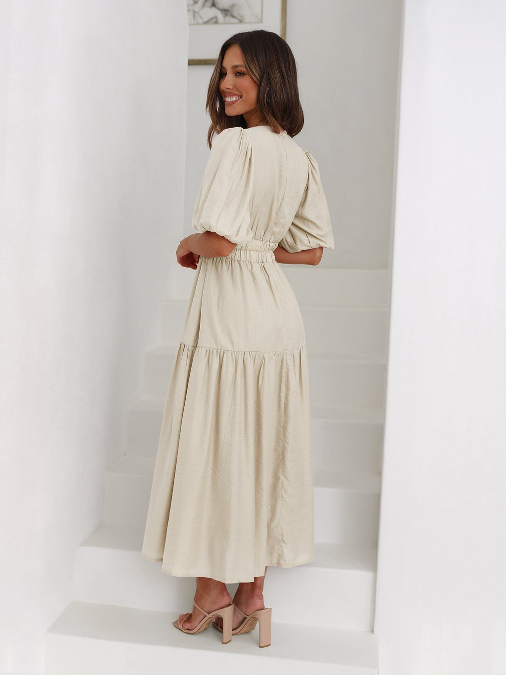 Women's Smocked-Waist V-Neck Midi Dress