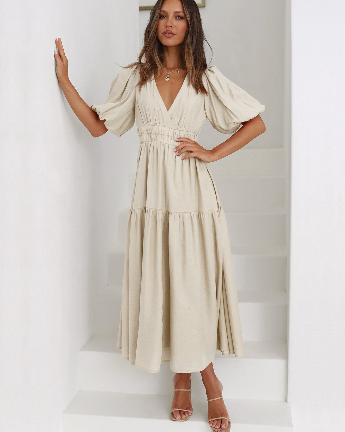 Women's Smocked-Waist V-Neck Midi Dress