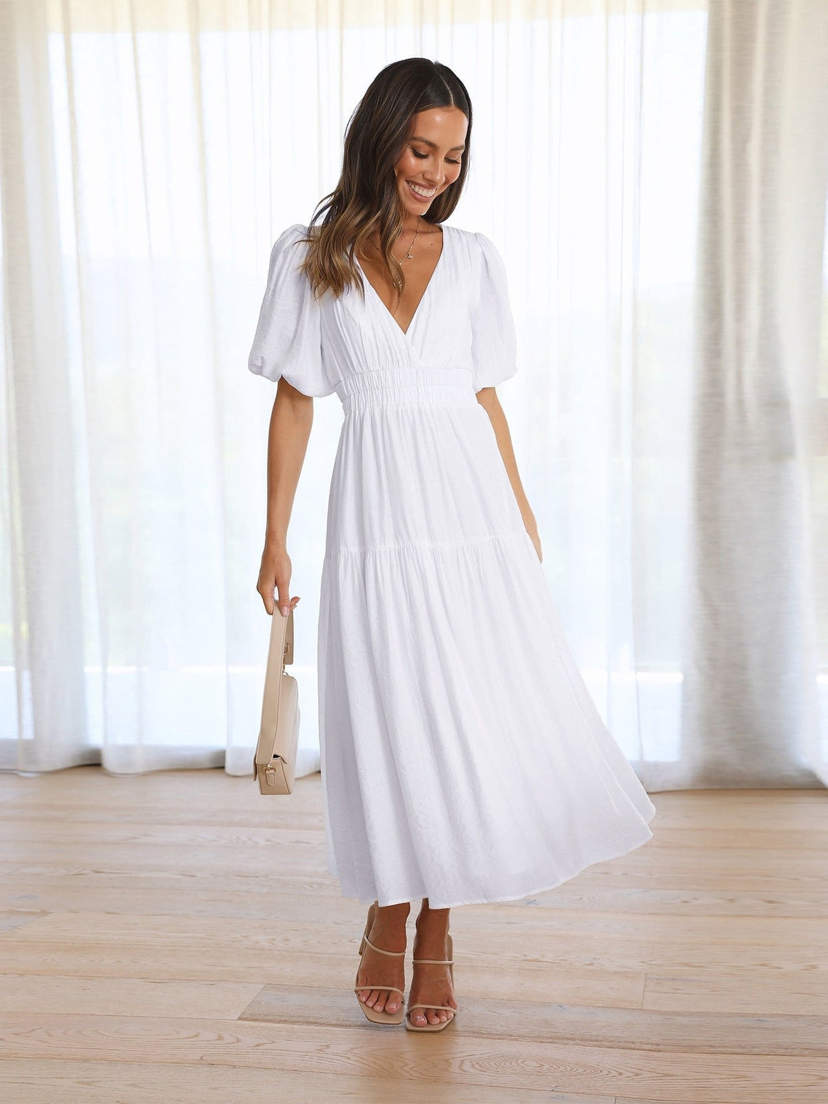 Women's Smocked-Waist V-Neck Midi Dress
