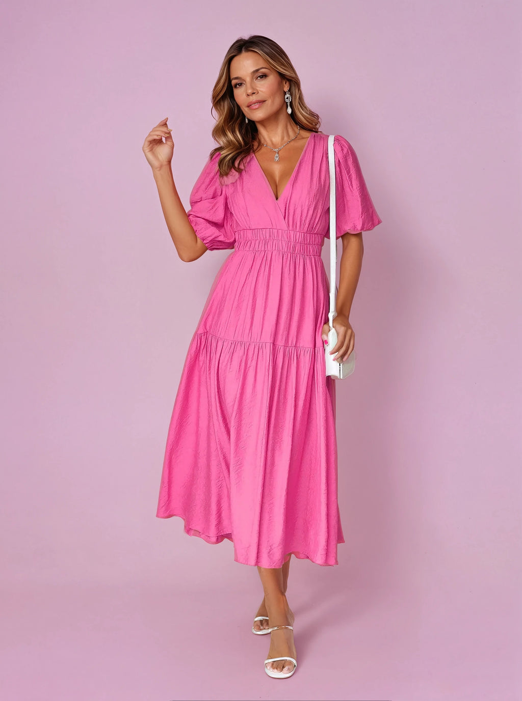 Women's Smocked-Waist V-Neck Midi Dress