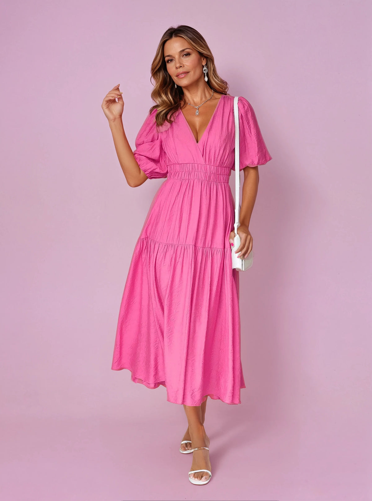 Women's Smocked-Waist V-Neck Midi Dress