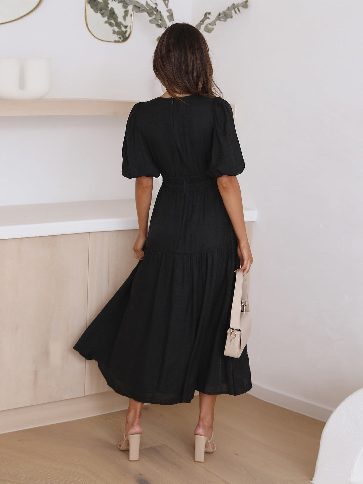 Women's Smocked-Waist V-Neck Midi Dress